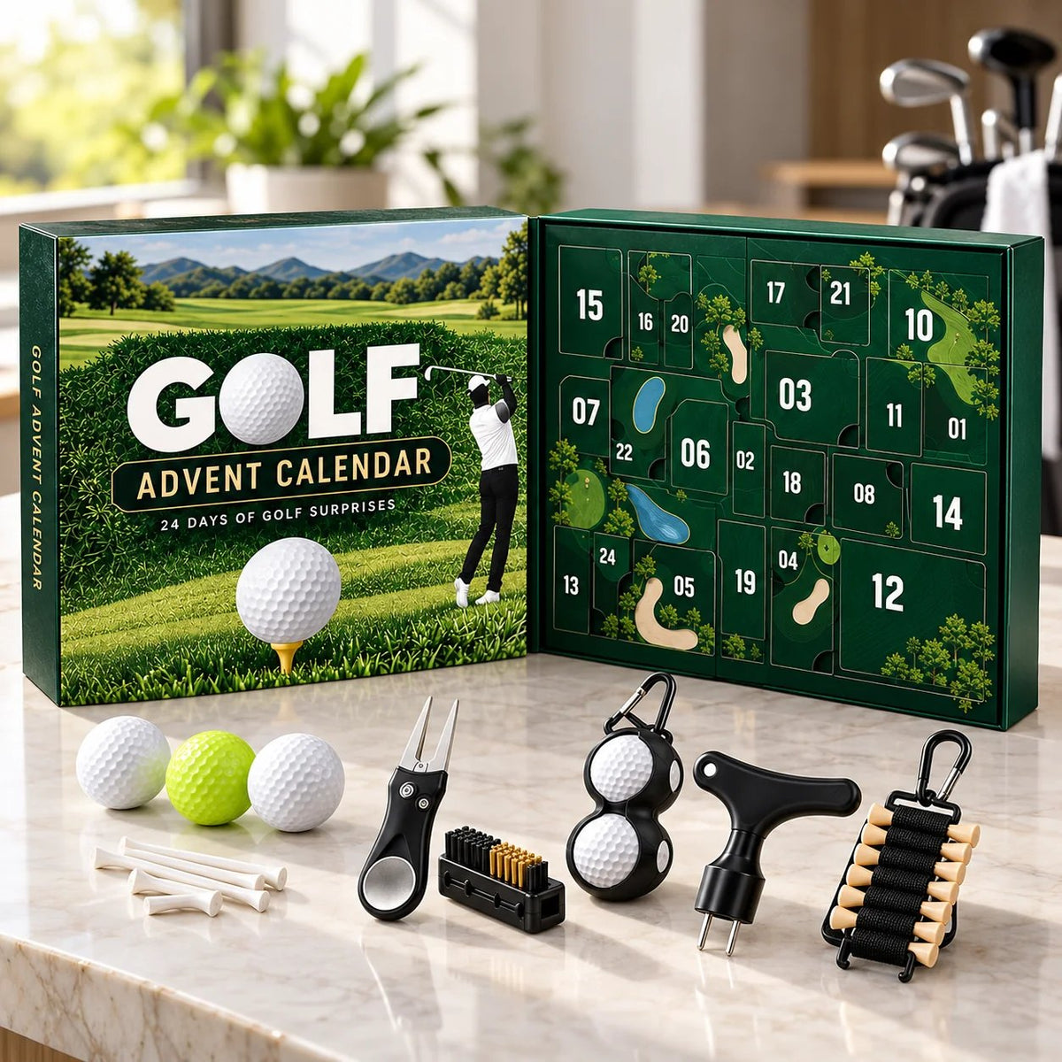 The advent calendar open on a marble counter beside golf balls, tees, a divot tool and a tee holder