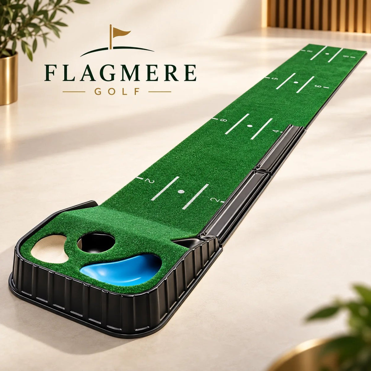 The indoor putting mat laid out on a floor: a long green strip with distance markings and a multi-hole target end