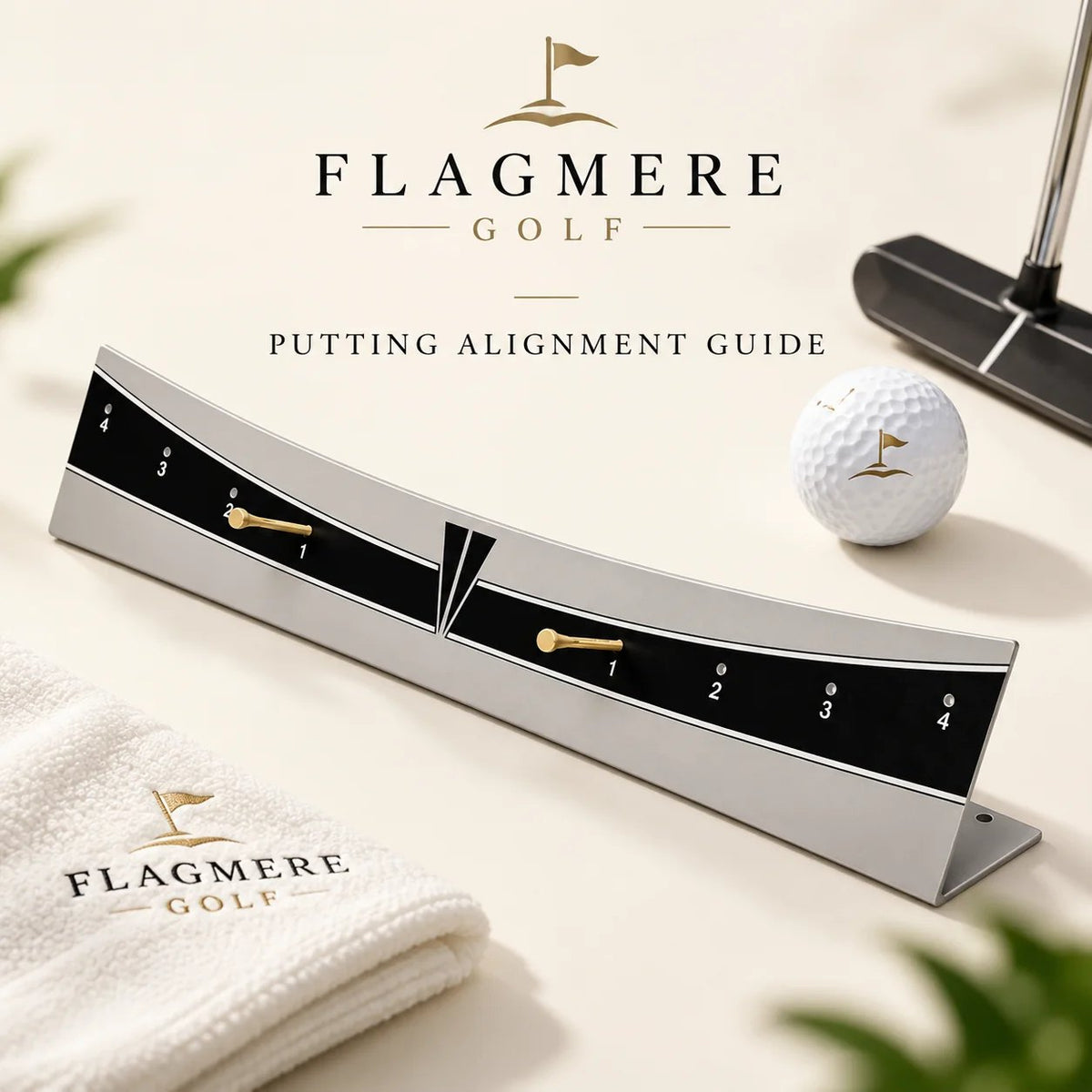 The putting path trainer on a cream surface beside a towel, ball and putter