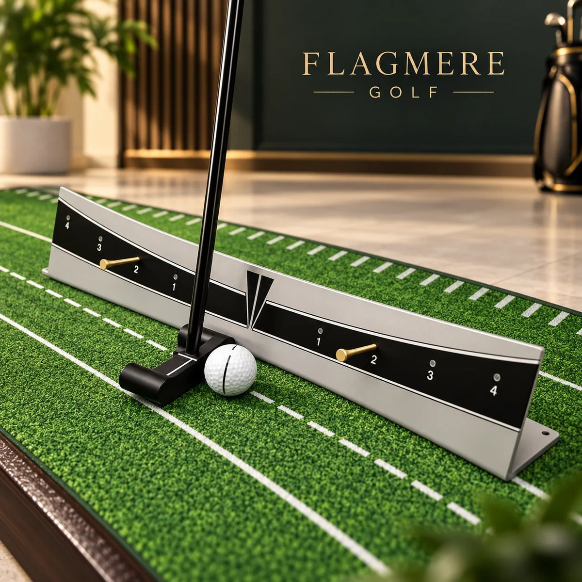 The putting path trainer on an indoor putting mat with a putter and ball
