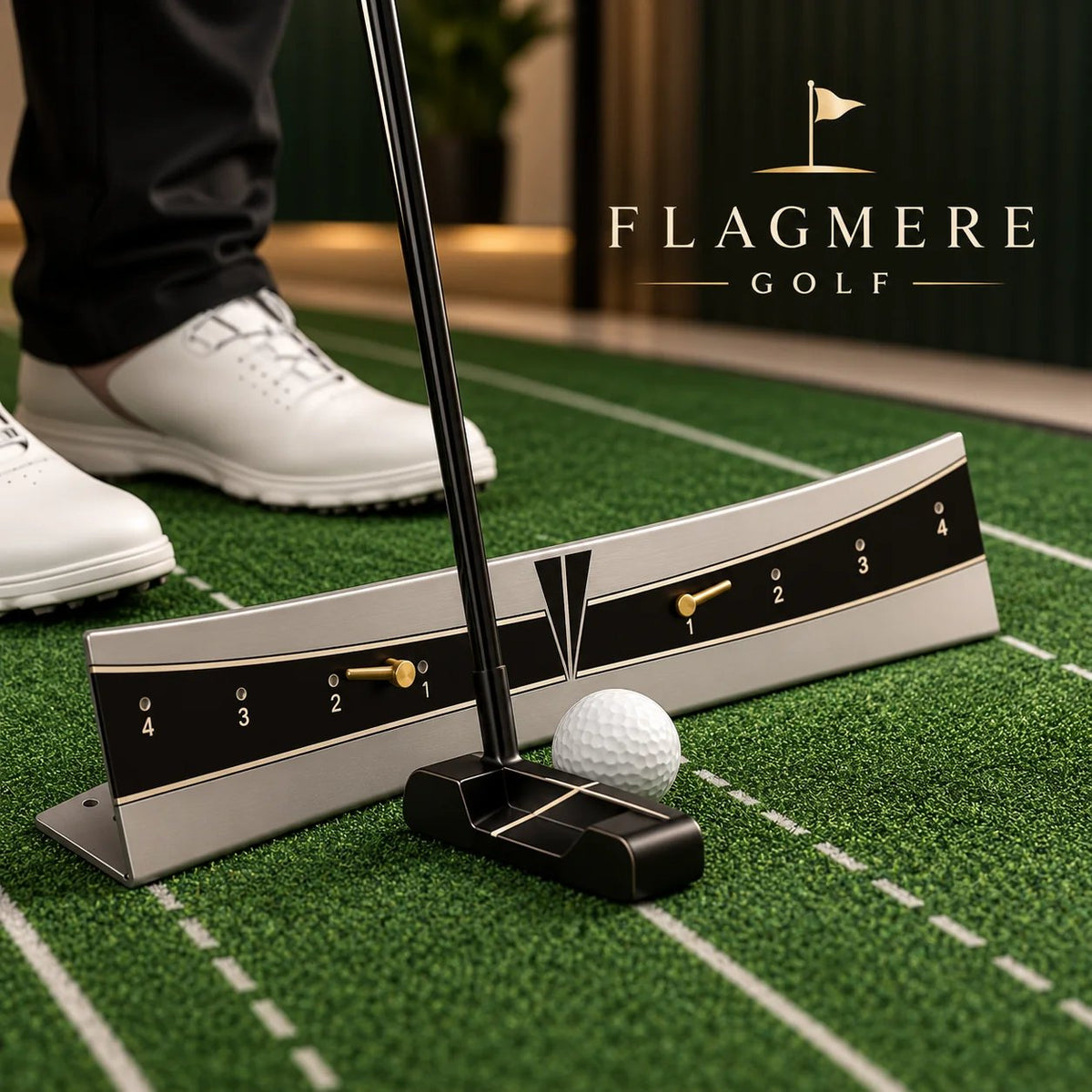 A golfer addressing a ball beside the putting path trainer on a practice mat