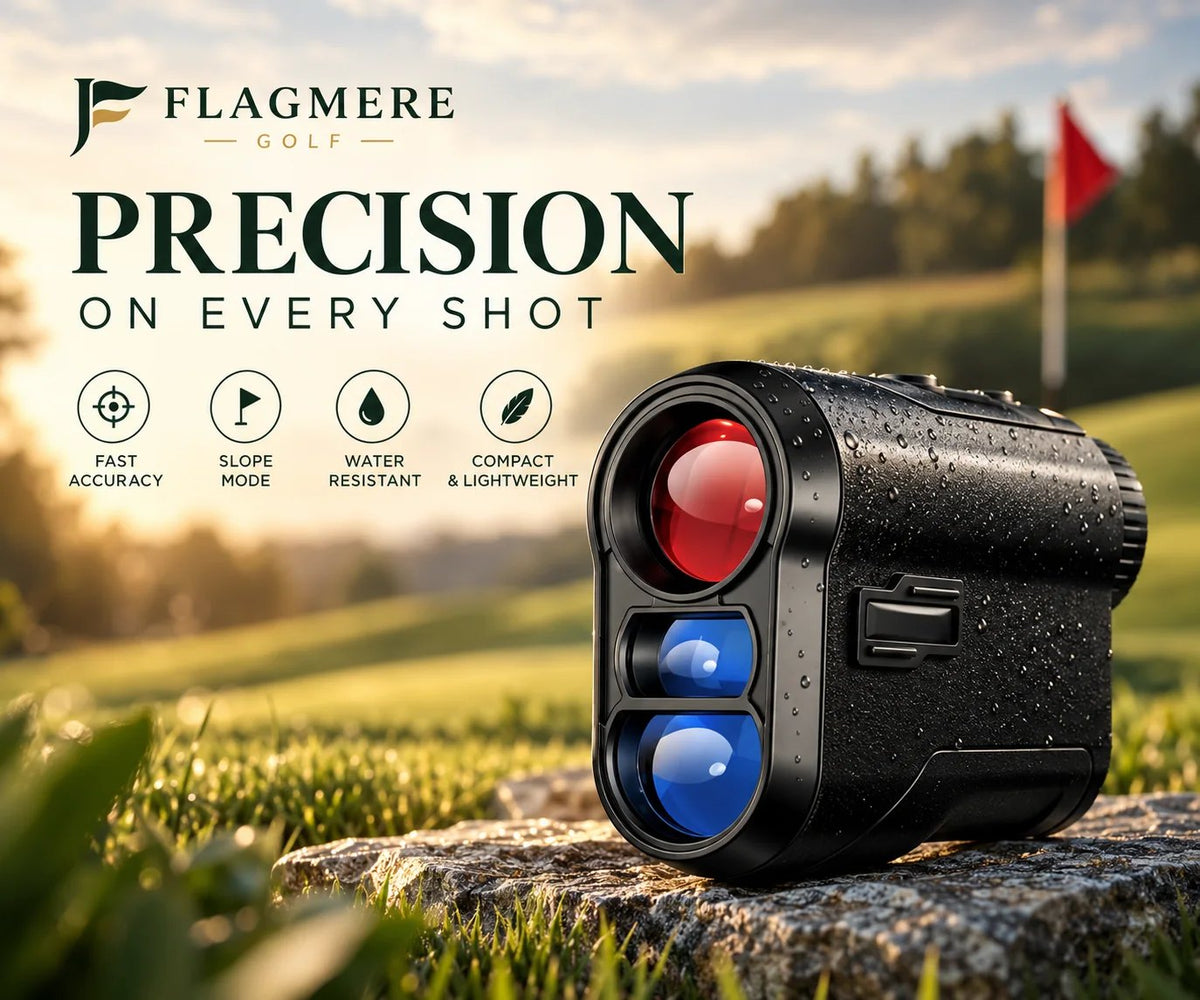 The black laser rangefinder on a rock at golden hour, with a flag on the green behind it