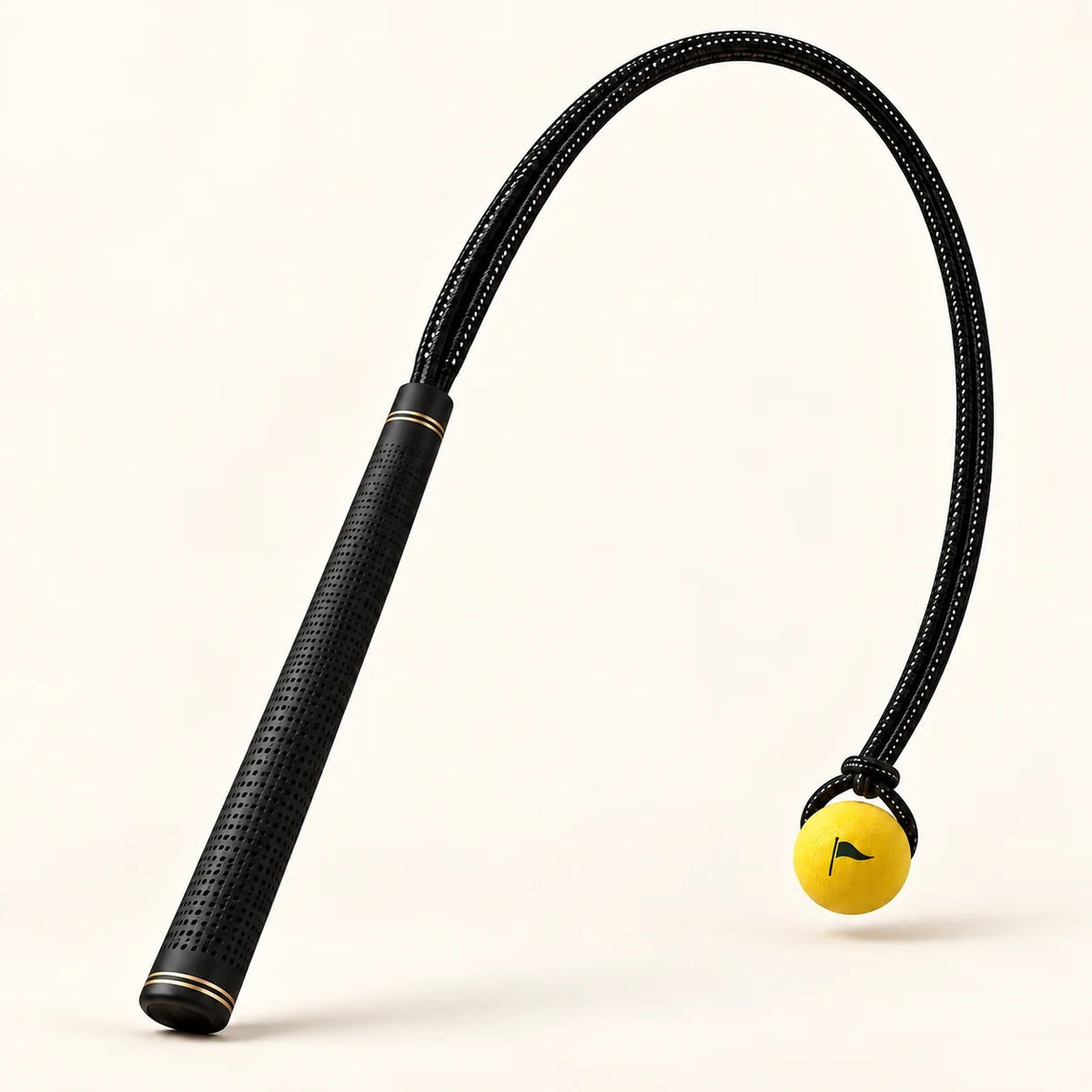 The swing practice rope: a black textured grip and a flexible rope ending in a yellow ball