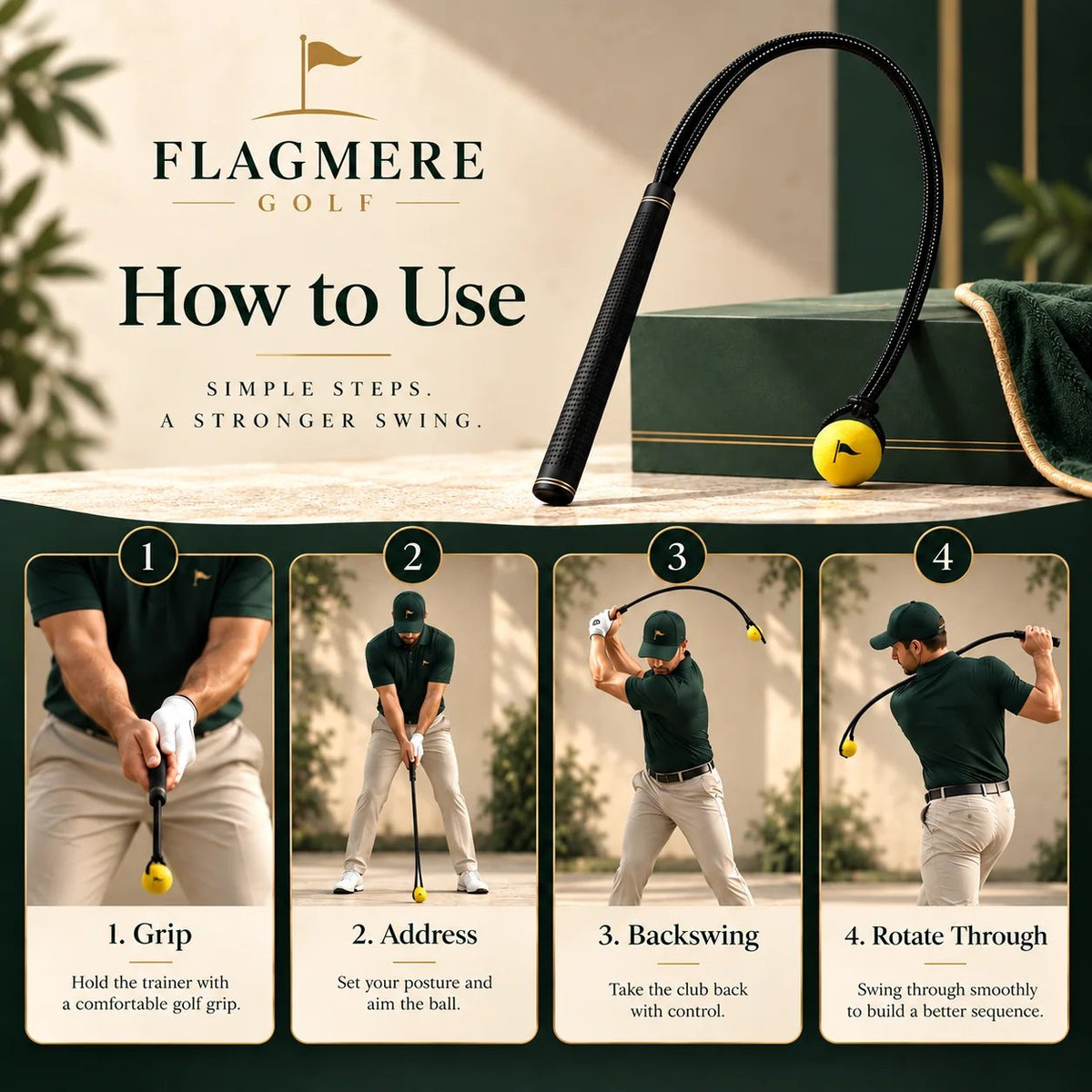 How to use: grip, address, backswing, rotate through