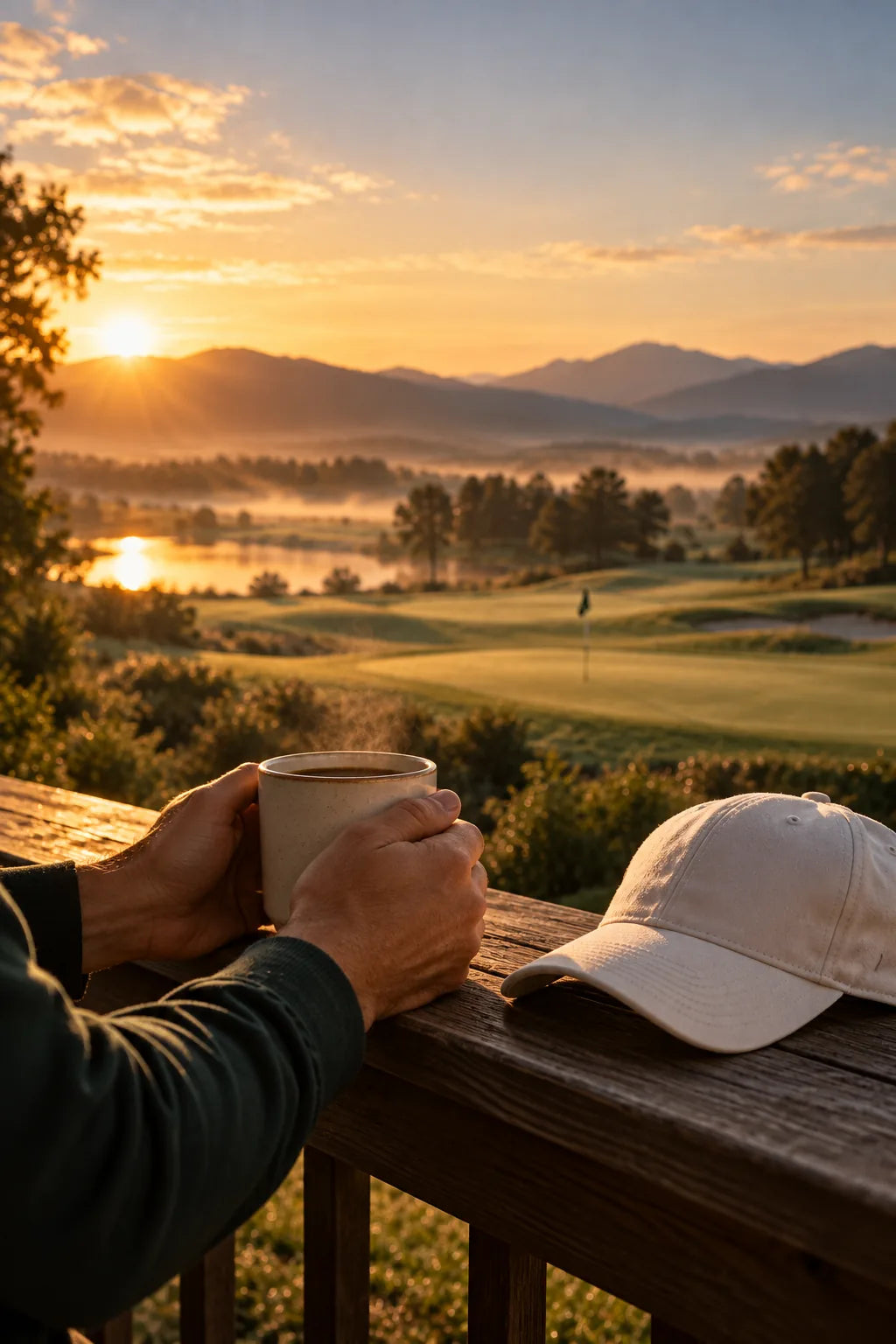 A golfer's hands around a coffee mug on a porch railing at sunrise, a cap beside it and the course beyond