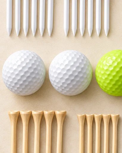 White plastic tees, two white and one yellow golf ball, and wooden tees